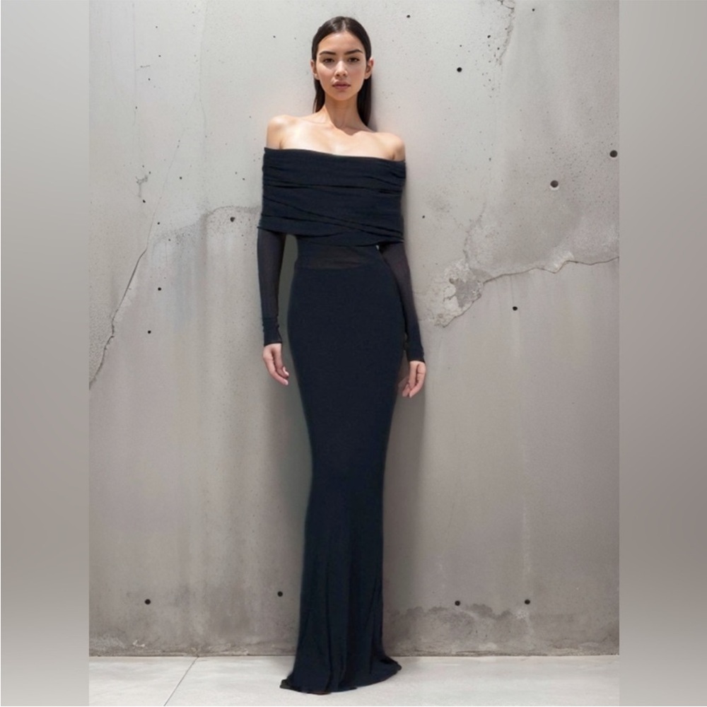 Commense Semi-Sheer Off-Shoulder Mesh Long Sleeve Long Dress